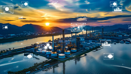 Modern petrochemical plant with digital technology overlays, industry 4.0 concept.