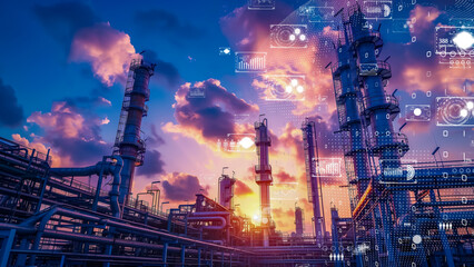 Modern petrochemical plant with digital technology overlays, industry 4.0 concept.