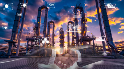 Modern petrochemical plant with digital technology overlays, industry 4.0 concept.