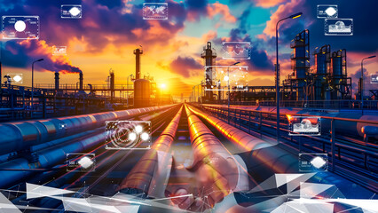 Modern petrochemical plant with digital technology overlays, industry 4.0 concept.