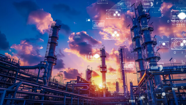 Modern petrochemical plant with digital technology overlays, industry 4.0 concept.