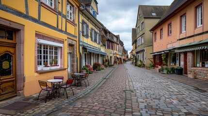 Fototapeta premium Capture the charm of a quaint European village square, with cobblestone streets, outdoor cafes, and historic architecture.