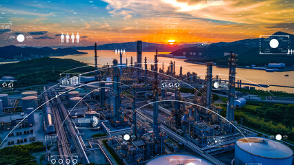 Modern petrochemical plant with digital technology overlays, industry 4.0 concept.