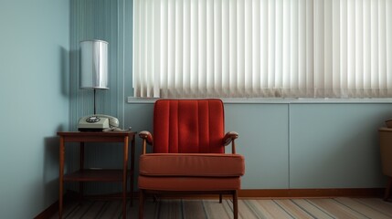 Living room with mid-century modern furniture, including a vintage rotary telephone