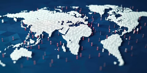 Digital world map with glowing cyber data points on dark blue background. Global connectivity and internet technology concept. Design for network, communication, technology innovation theme. AIG35.