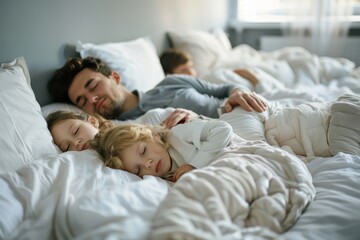 Serene Family of Four Sleeping Peacefully in Spacious Bright Bedroom with Copy Space