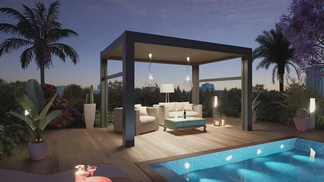 3D render of luxury front view outdoor garden with teak wooden deck and black pergola at dawn. Twilight scene with sofas and deck chairs next to the swimming pool.Zoom out shot.