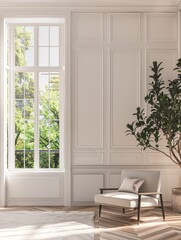 Fototapeta premium Tranquil Bedroom Retreat with Ample Natural Light and Copyspace for Text