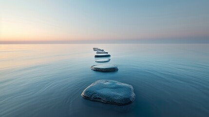 A tranquil scene featuring a path of stepping stones leading over a still body of water at dusk.