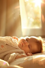 Serene Baby Sleeping in Sunlit Nursery - Peaceful Infant Resting with Copyspace