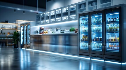 Modern Kitchen With Three Refrigerators and Stainless Steel Cabinets
