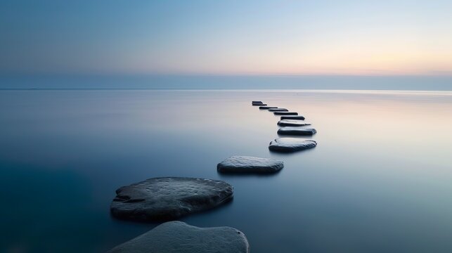 A serene image of large stepping stones leading across a calm sea during sunrise.