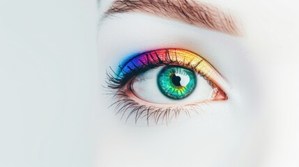 An artistic rendering of an eye with a rainbow-colored iris, symbolizing diversity and equality. The minimalist style and ample copy space make it suitable for a variety of design projects.