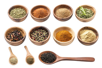 Various Spices In Wooden Bowls And Spoons