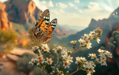 Obraz premium Butterfly on Wildflowers with Scenic Canyon Background