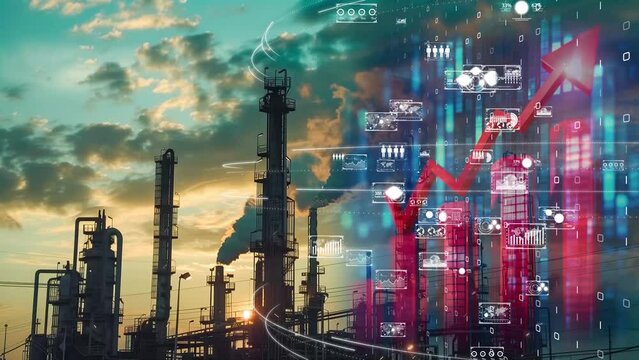 Modern petrochemical plant with digital technology overlays, industry 4.0 concept.