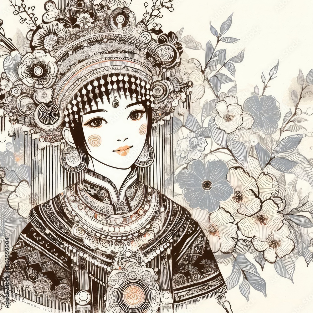 Wall mural Portrait of Elegance: Traditional Chinese Miao Beauty with Generative AI.