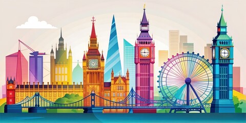 Abstract of iconic London landmarks in a vibrant artistic style , London, art, background,abstract, cityscape, skyline