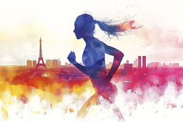 colorful watercolor image with running woman in front of the skyline of paris on white background