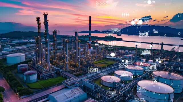 Modern petrochemical plant with digital technology overlays, industry 4.0 concept.