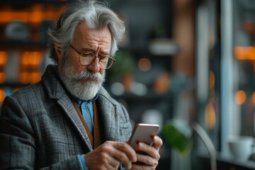 Senior Man Using Smartphone in a Cafe