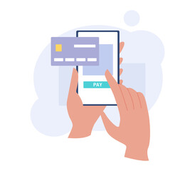 Pay Online Concept. Hands with Phone. Mobile Shopping.  Vector Illustration.