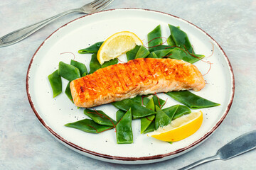 Grilled salmon with vegetable garnish.