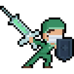 Fototapeta premium Pixel art cartoon doctor character fighting by syringe and shield 2