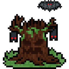 Obraz premium Pixel art cartoon halloween spooky tree monster with bats