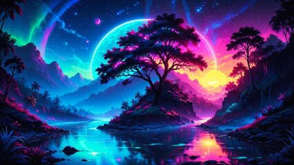 Obraz premium Mystical Neon Landscape Sunset