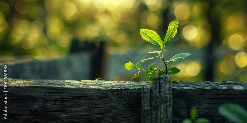 Wall mural view of greenery near a wooden fence set against a hazy backdrop of the outdoors.