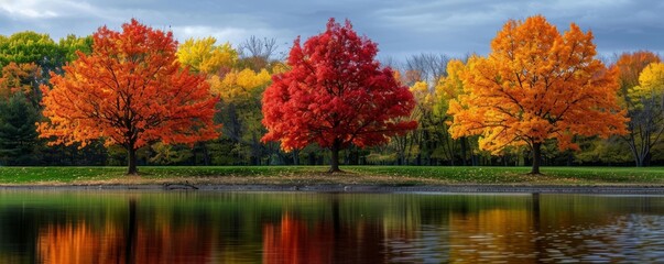 Three colorful autumn trees reflecting in a calm lake, serene nature scene. Fall foliage and tranquility concept