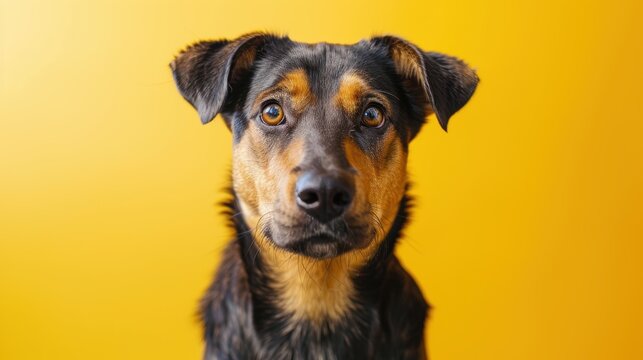charming adoption center rescue dog on a beautiful yellow backdrop