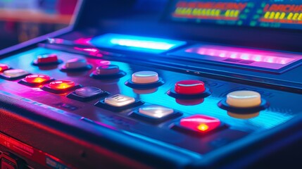 Capture the essence of retro gaming with a close-up photograph of a vintage arcade machine illuminated