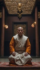 Naklejka premium A Tibetan monk meditating. Peace and harmony radiate around him. Nirvana.