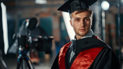 Male graduate posing for professional photo with a photographer taking pictures.