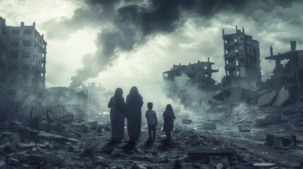 A group of women and children stand in the ruined city.