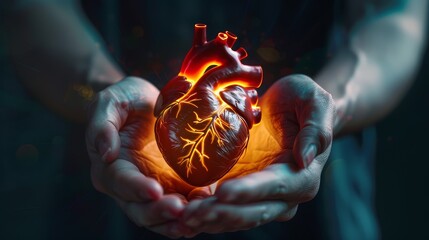 Human hearts floating in the palms of both hands Illuminated by medical science holograms.