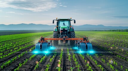 Fototapeta premium Capture the innovation of AI in agriculture with an autonomous tractor planting crops in a large field.