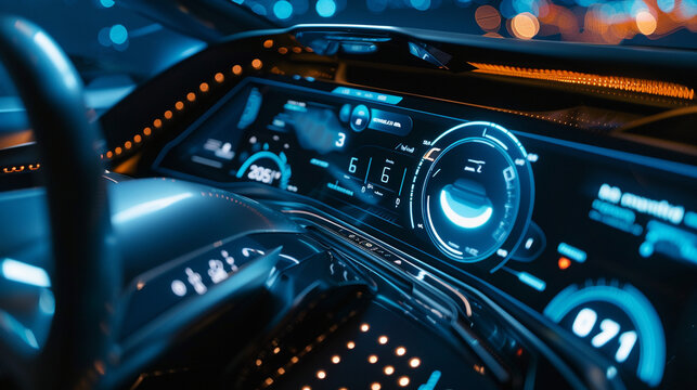 Close-up of an electric carâs dashboard with a futuristic design