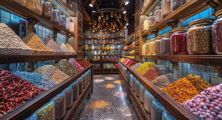 Colorful Spices Displayed in Jars on Wooden Shelves in a Middle Eastern Market