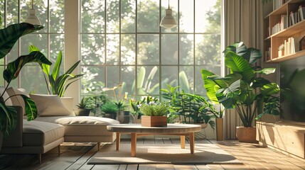 Minimalist living room with modern furniture. Trees in the house and large windows.