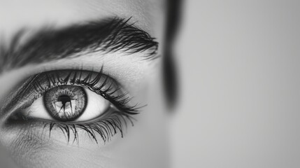 A monochrome image of a gray eye, captured with a minimalist aesthetic and plenty of copy space around the eye to highlight the central focus.
