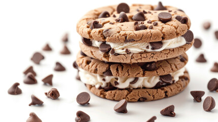 Chocolate chip cookies sandwich vanilla ice cream. Sprinkled with chips and isolated on white.