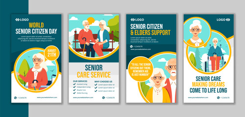 Senior Citizen Day Social Media Stories Flat Cartoon Hand Drawn Templates Background Illustration