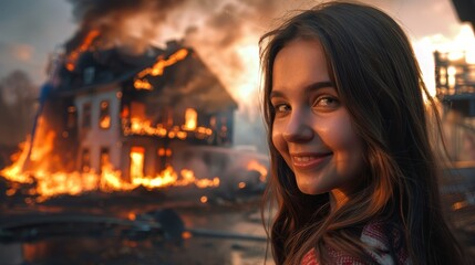 Smiling woman looking at camera on background of burning house There was a fire truck spraying water on the burning house.