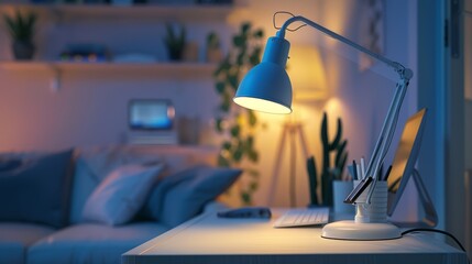 A stylish, adjustable desk lamp for late-night work in a comfortable home office.