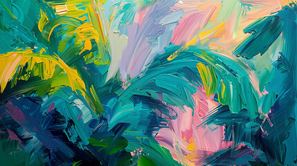 Tropical Palms Illustration (Oil Paint Strokes). Bright Colors, Floral Art, Leaf Leaves, Nature and Trees 