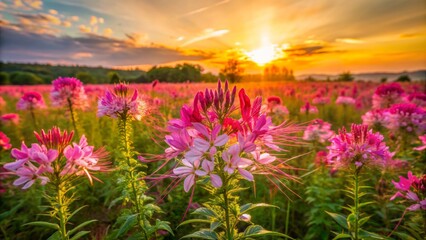 Fototapeta premium Vibrant pink cleome flowers sway gently in the warm golden light of a serene sunset over a vast open field landscape.