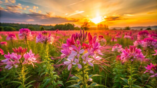 Vibrant pink cleome flowers sway gently in the warm golden light of a serene sunset over a vast open field landscape.